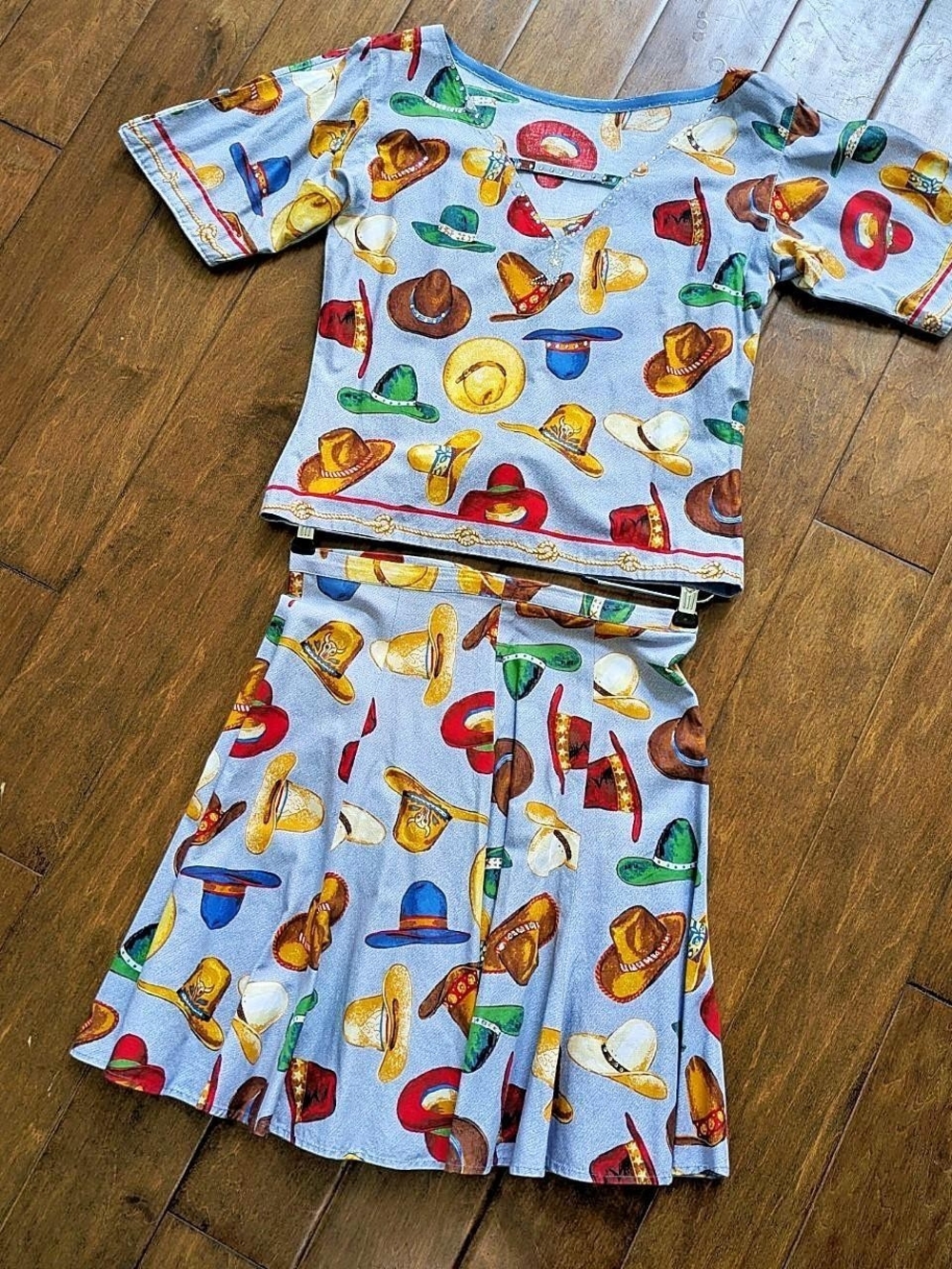 Vintage Two Piece Set Cowboy Hat Print Top & Skirt